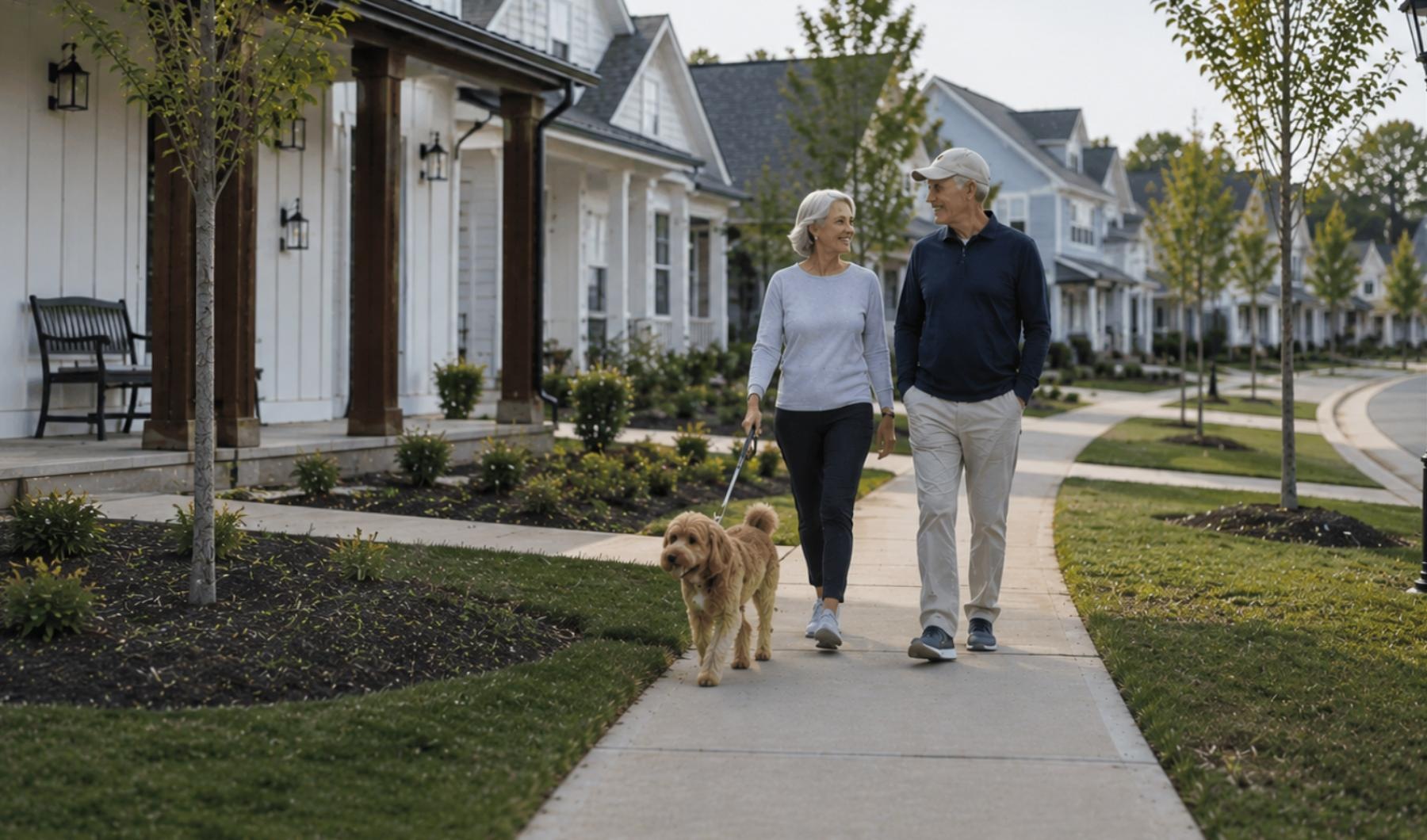 a man and woman walking a dog