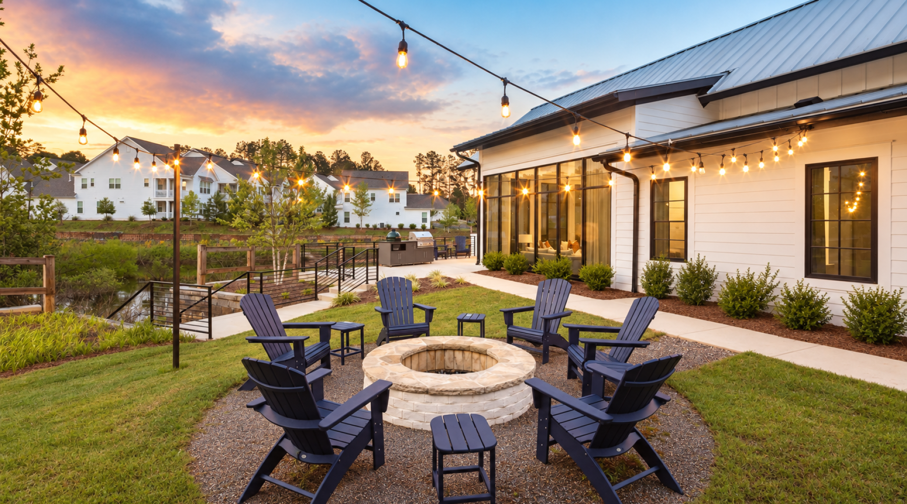 a fire pit with Adirondack chairs